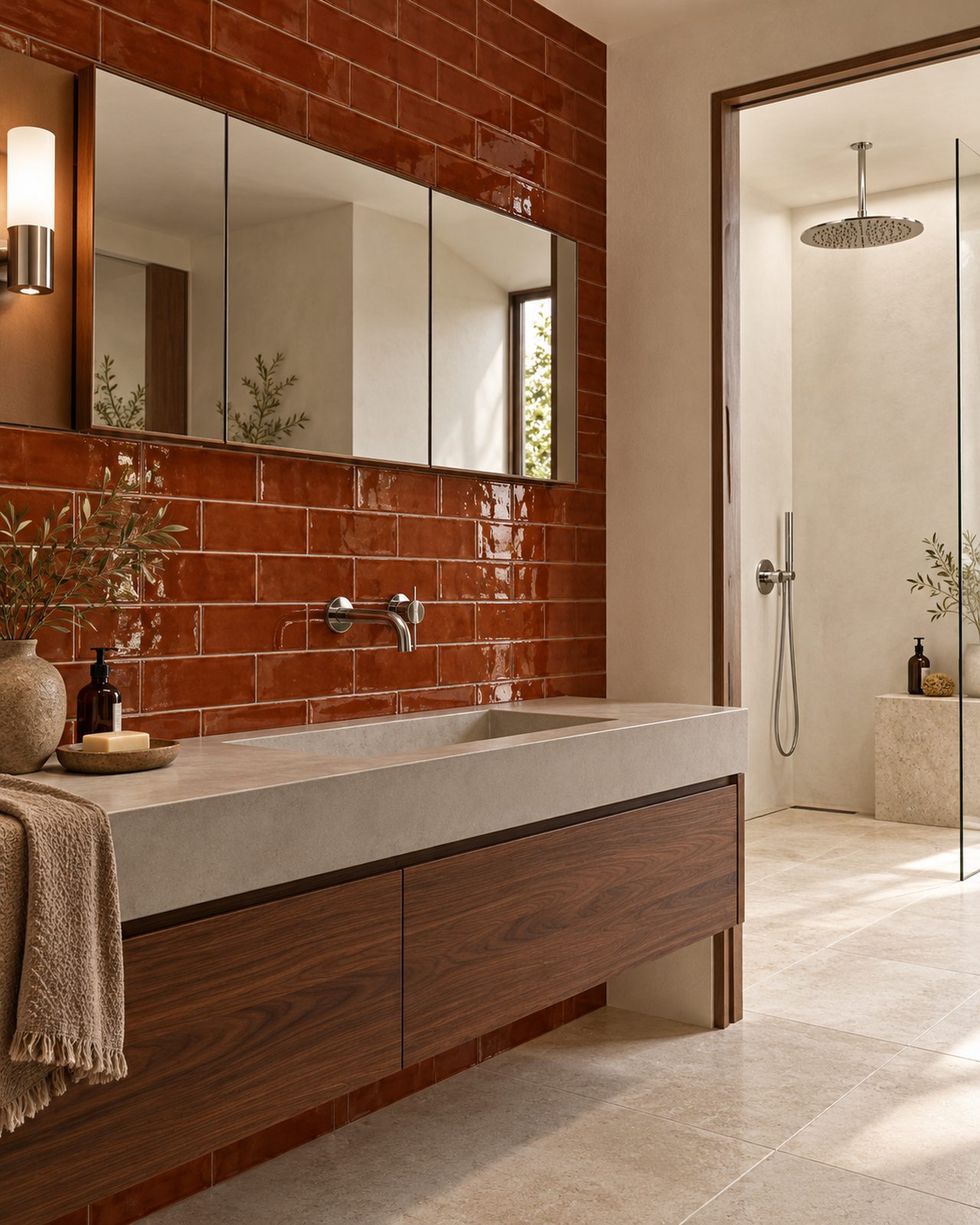 Badkamer met glanzende Life Fashion Cognac tegels van 7,5x15 cm in halfsteens verband, een houten wastafelmeubel en inloopdouche.