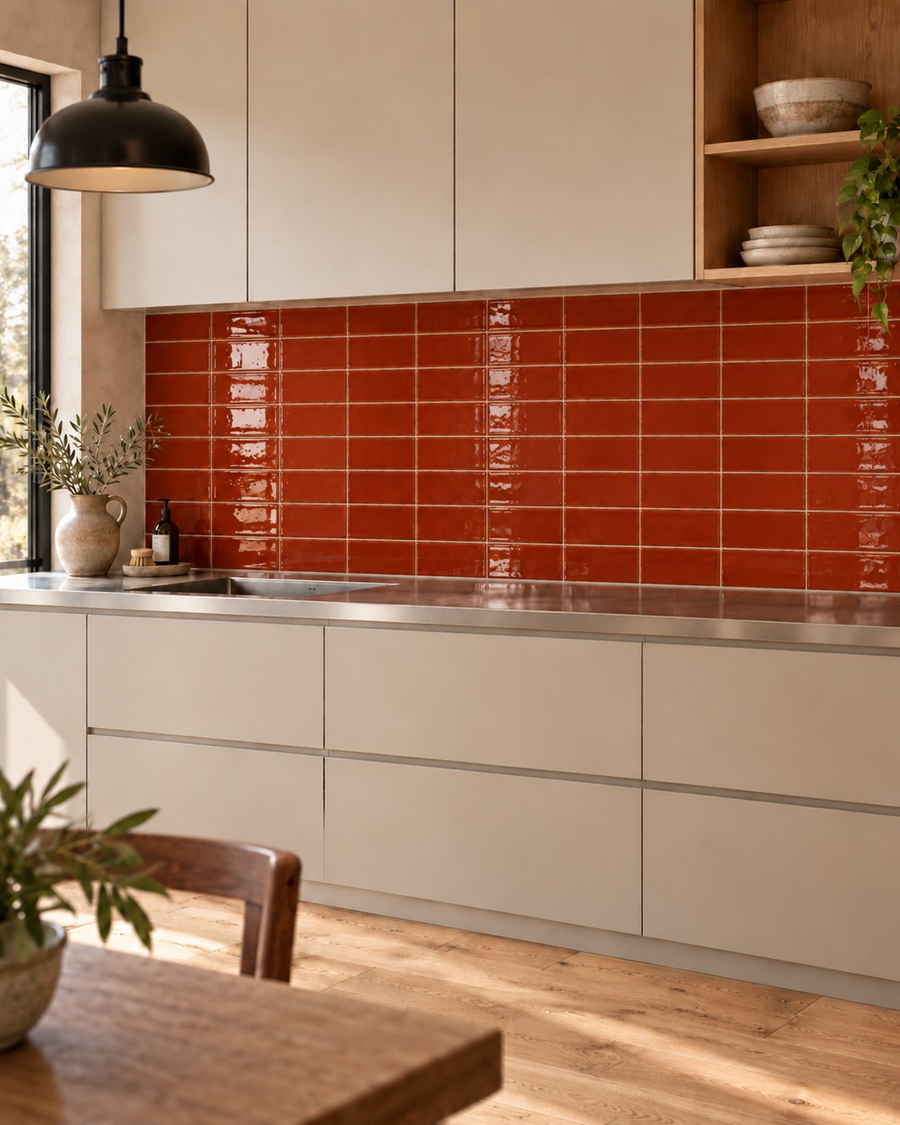 Keuken met glanzende Life Fashion Cognac wandtegels van 7,5x15 cm in horizontaal recht verband, een rvs werkblad en houten vloer.