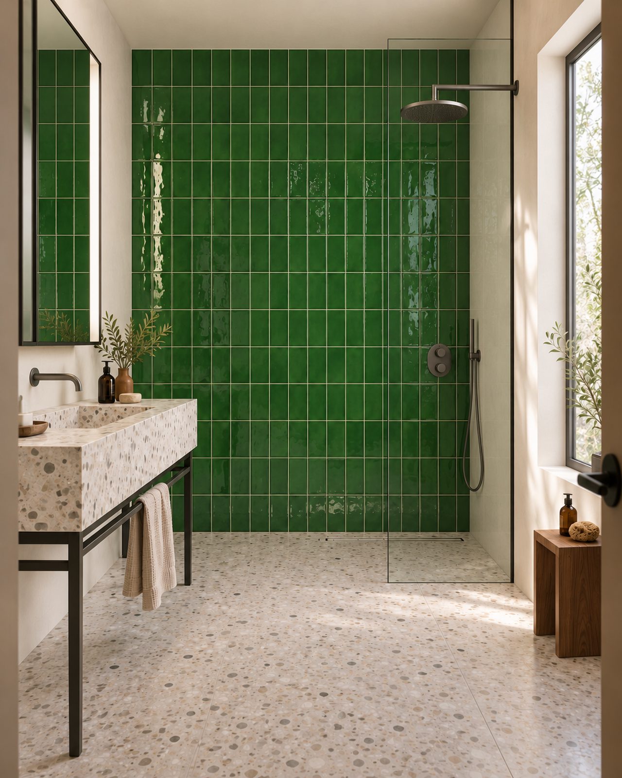 Badkamer met glanzende groene Life Fashion Emerald tegels van 7,5x15 cm in verticaal recht verband, een terrazzo wastafel en een inloopdouche.