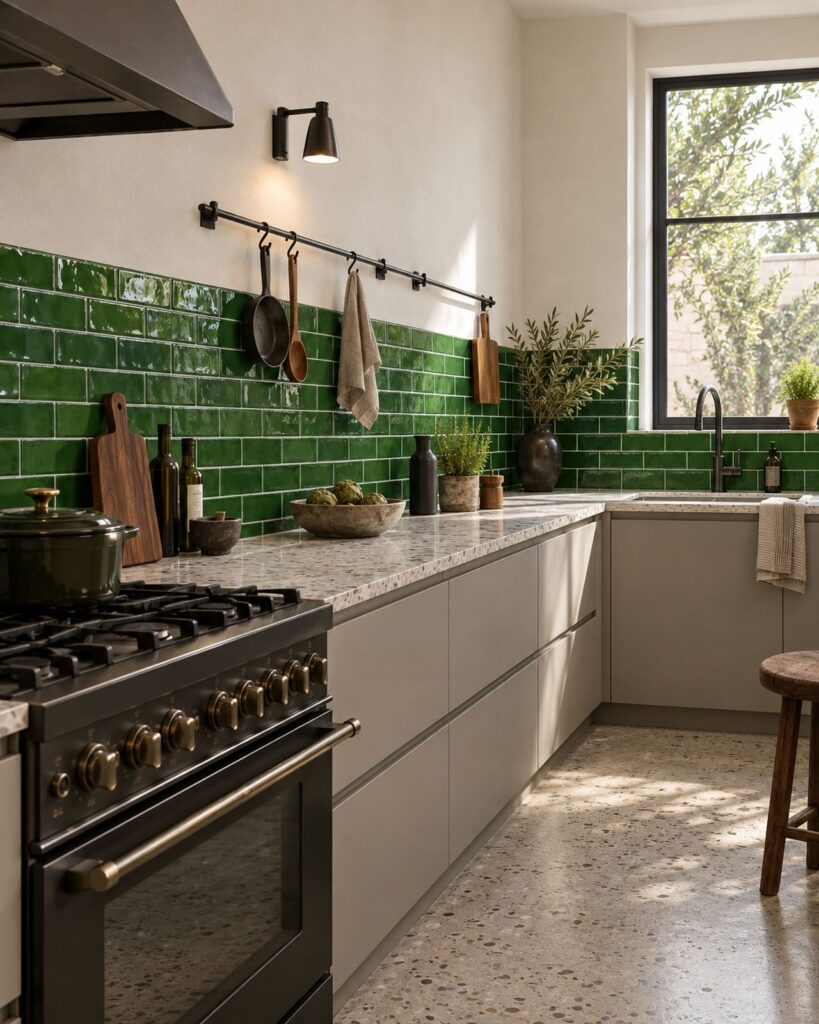 Keuken met glanzende groene Life Fashion Emerald tegels van 7,5x15 cm in halfsteens verband, een terrazzo werkblad en een vrijstaand fornuis.