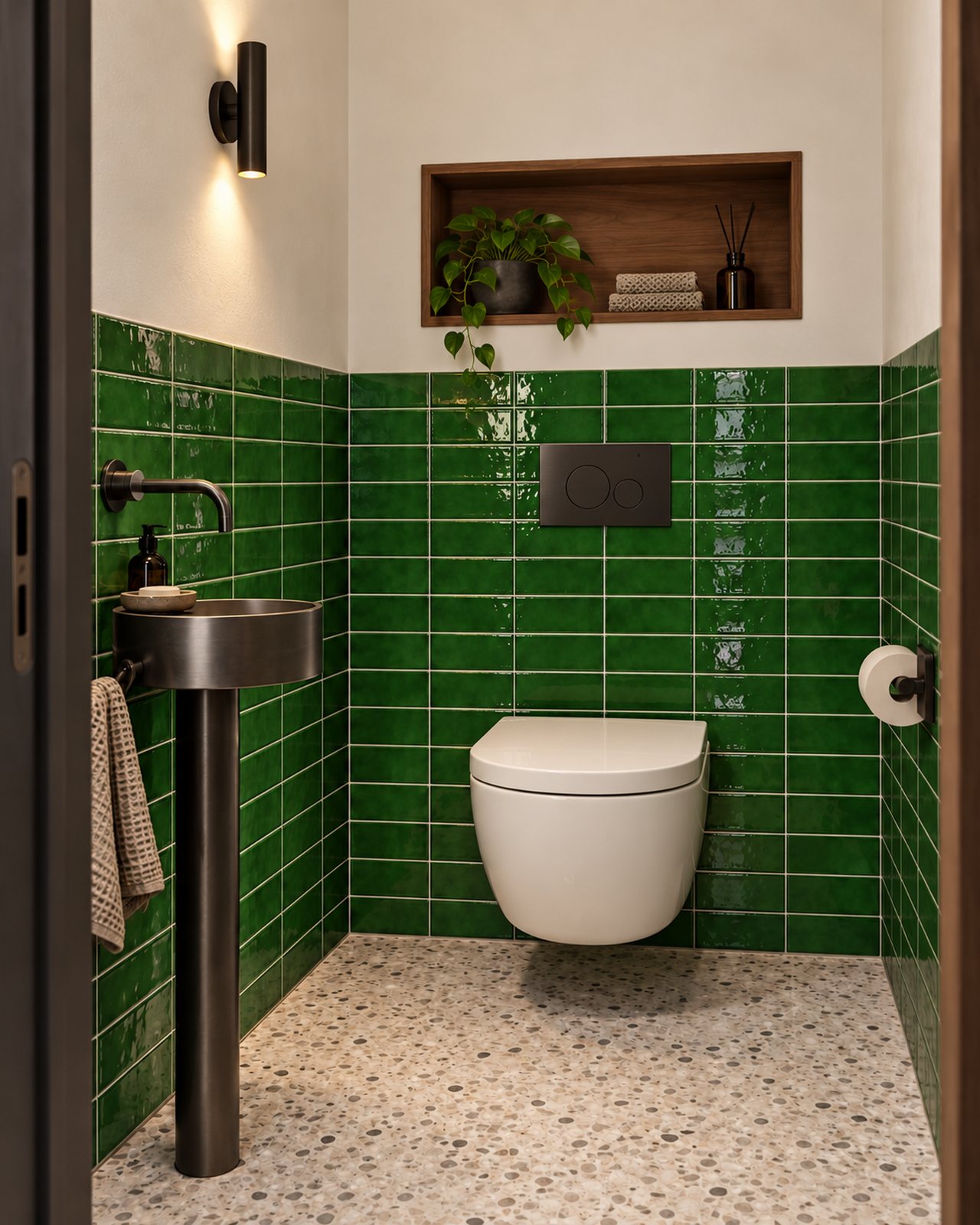 Toiletruimte met glanzende groene Life Fashion Emerald tegels van 7,5x15 cm in horizontaal recht verband, een wit hangtoilet en een stalen fonteintje.