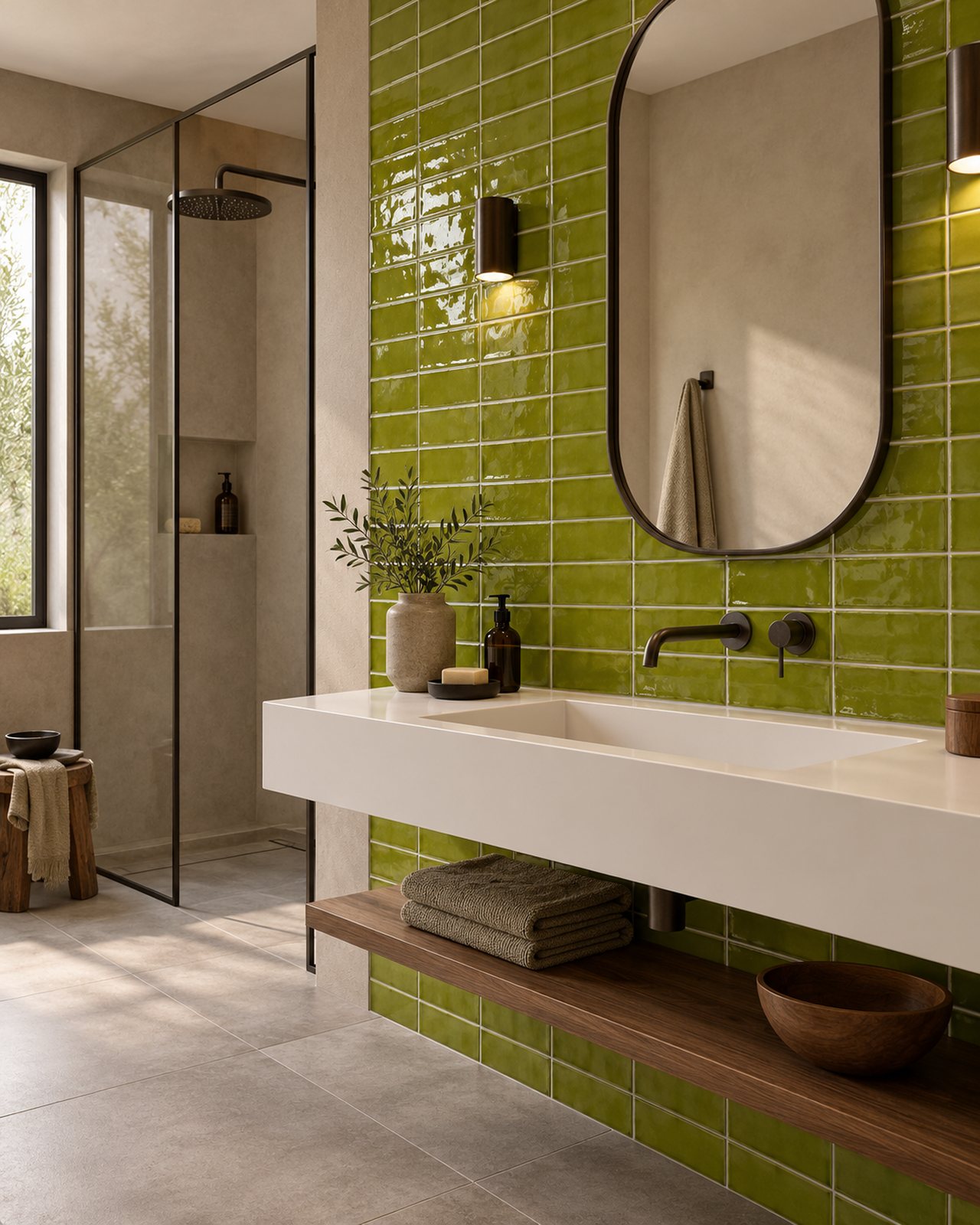 Badkamer met glanzende olijfgroene Life Fashion Moss tegels van 7,5x15 cm in horizontaal recht verband, een witte wastafel en een inloopdouche.