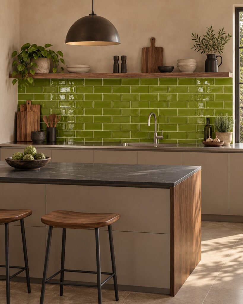 Keuken met glanzende olijfgroene Life Fashion Moss tegels van 7,5x15 cm in halfsteens verband en een kookeiland met een donker natuurstenen werkblad.