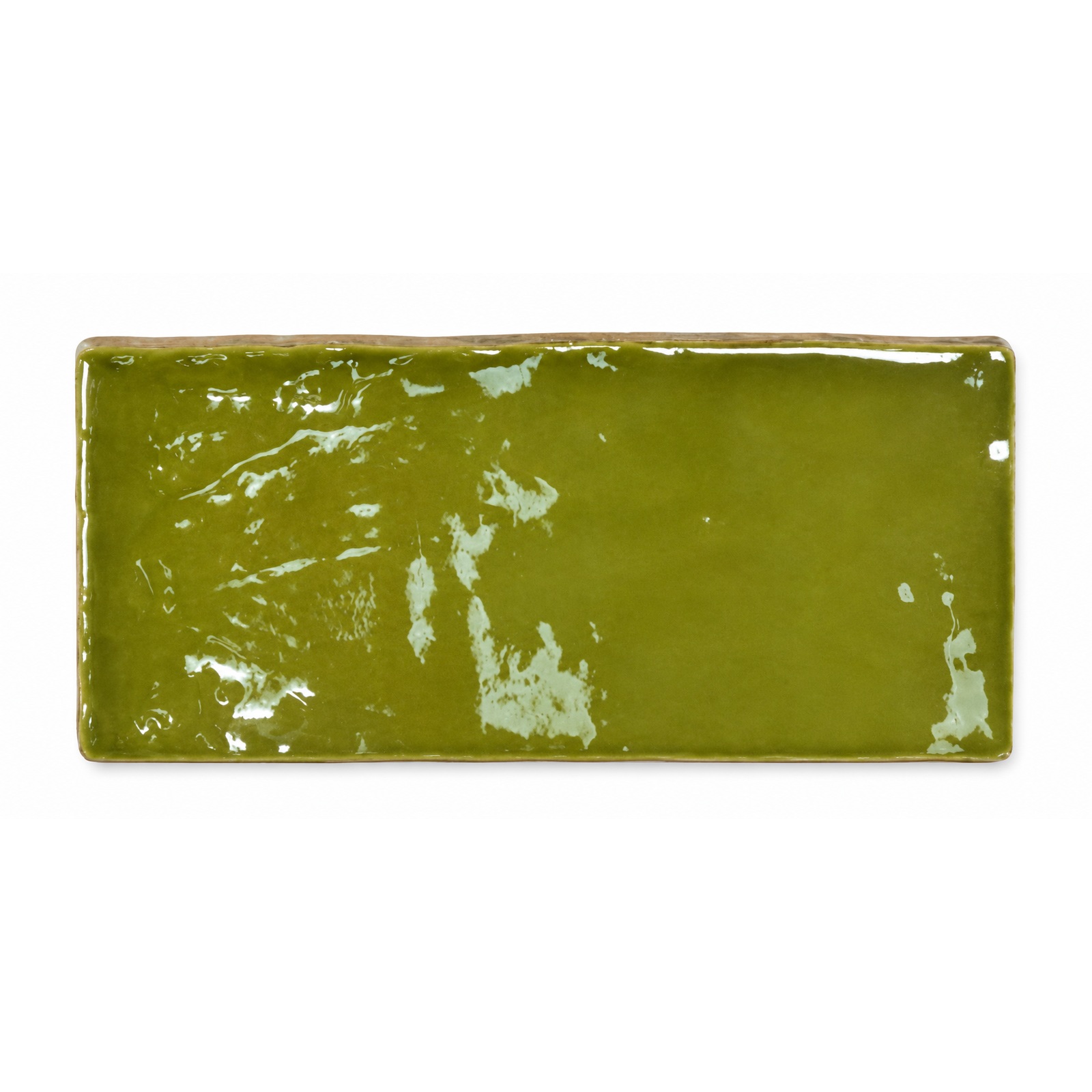 Life Fashion Moss wandtegel van 7,5x15 cm met een glanzende olijfgroene afwerking op een witte achtergrond.