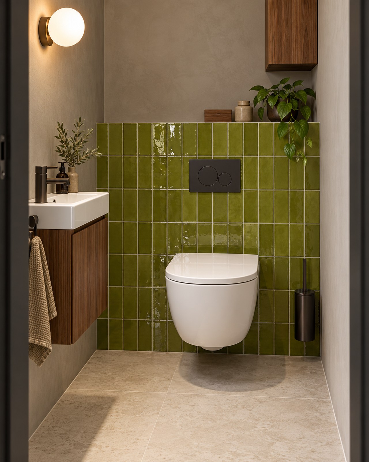 Toiletruimte met glanzende olijfgroene Life Fashion Moss tegels van 7,5x15 cm in verticaal recht verband, een wit hangtoilet en een houten fonteinkastje.